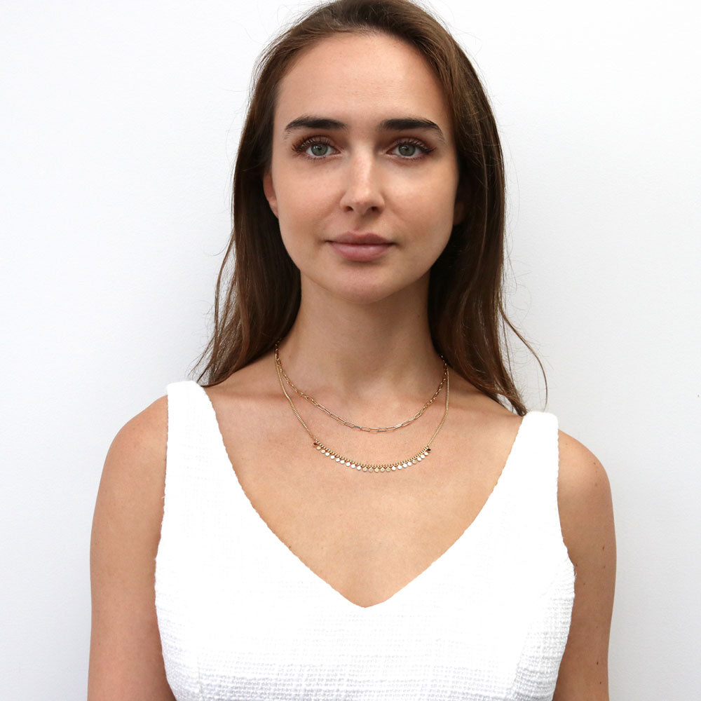 Model wearing Paperclip Heart Chain Necklace in Yellow Gold-Flashed, 2 Piece, 15 of 18