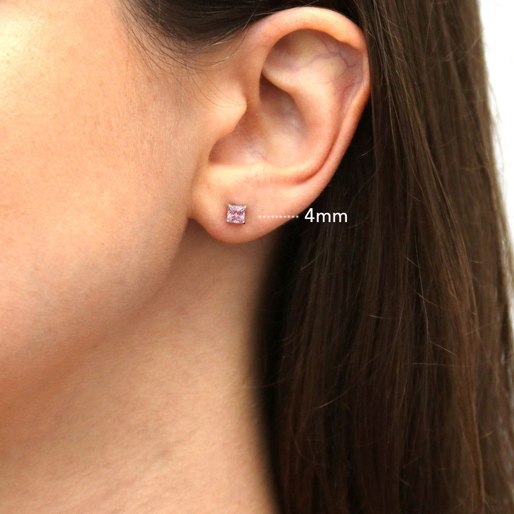 Solitaire Morganite Color Princess CZ Stud Earrings in Sterling Silver