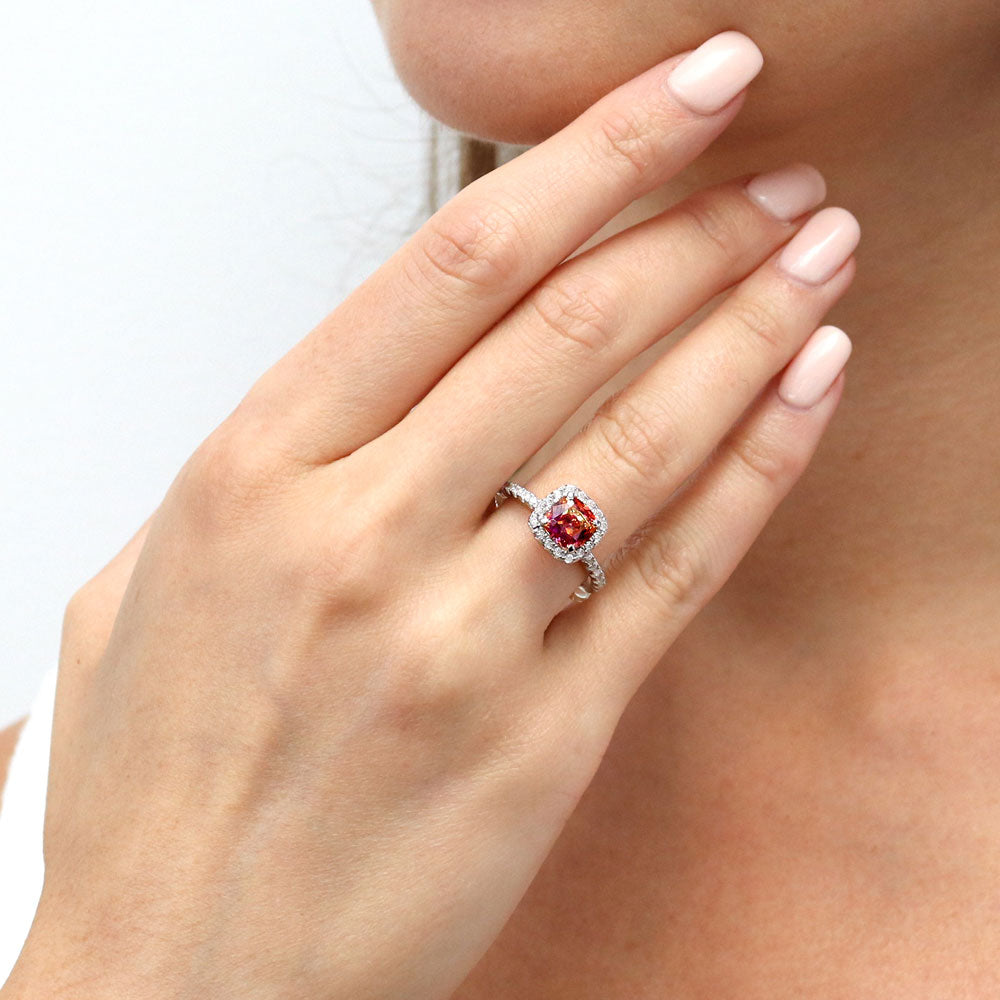 Halo Kaleidoscope Red Orange Cushion CZ Ring in Sterling Silver