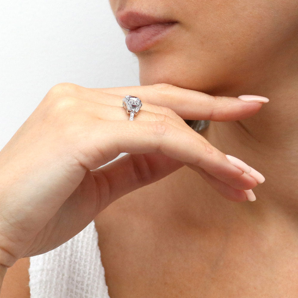 3-Stone Halo Art Deco 2ct Cushion CZ Ring in Sterling Silver