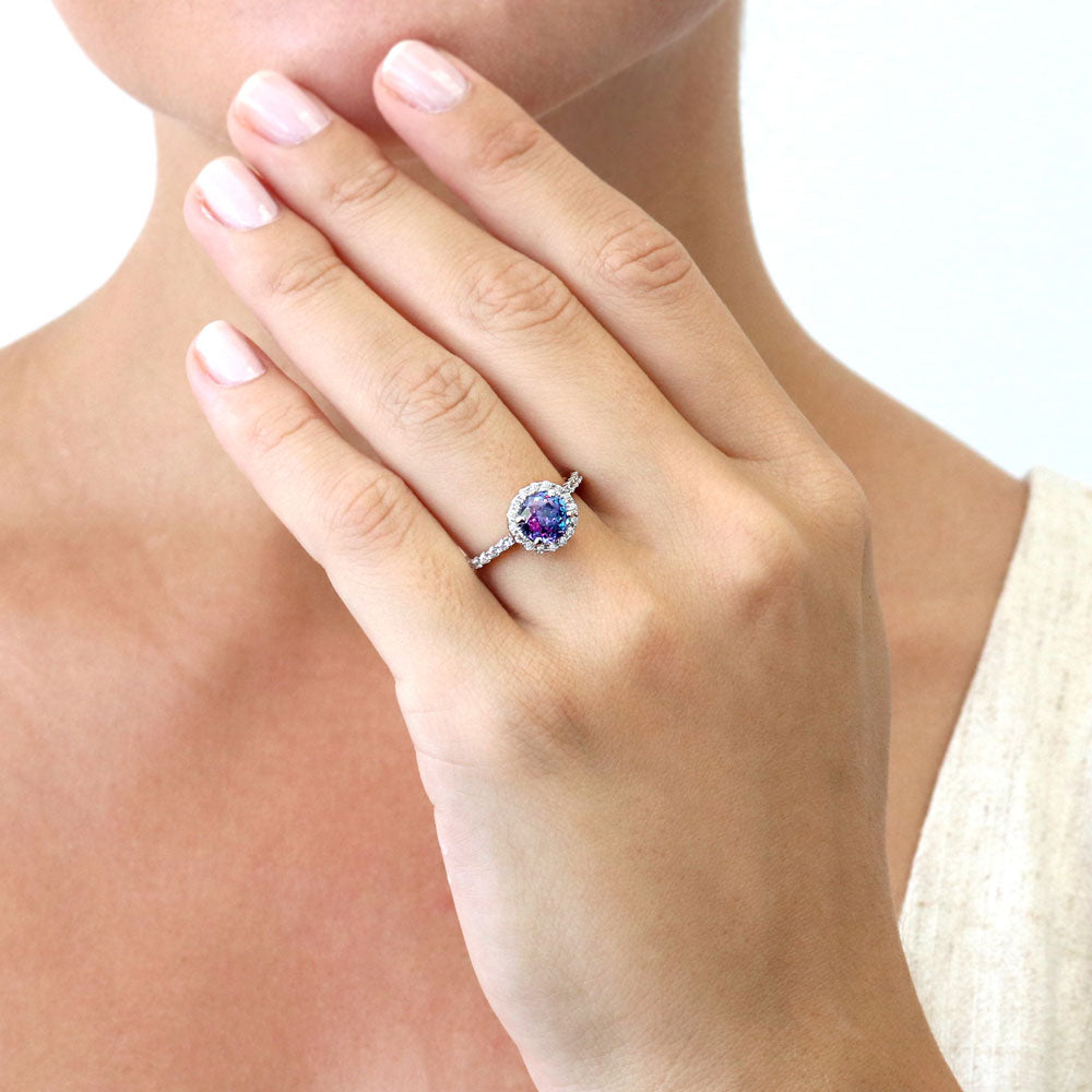 Halo Kaleidoscope Purple Aqua CZ Ring Set in Sterling Silver