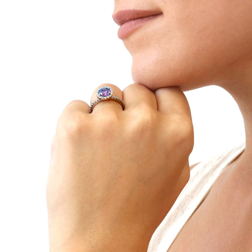 Halo Kaleidoscope Purple Aqua CZ Ring Set in Sterling Silver