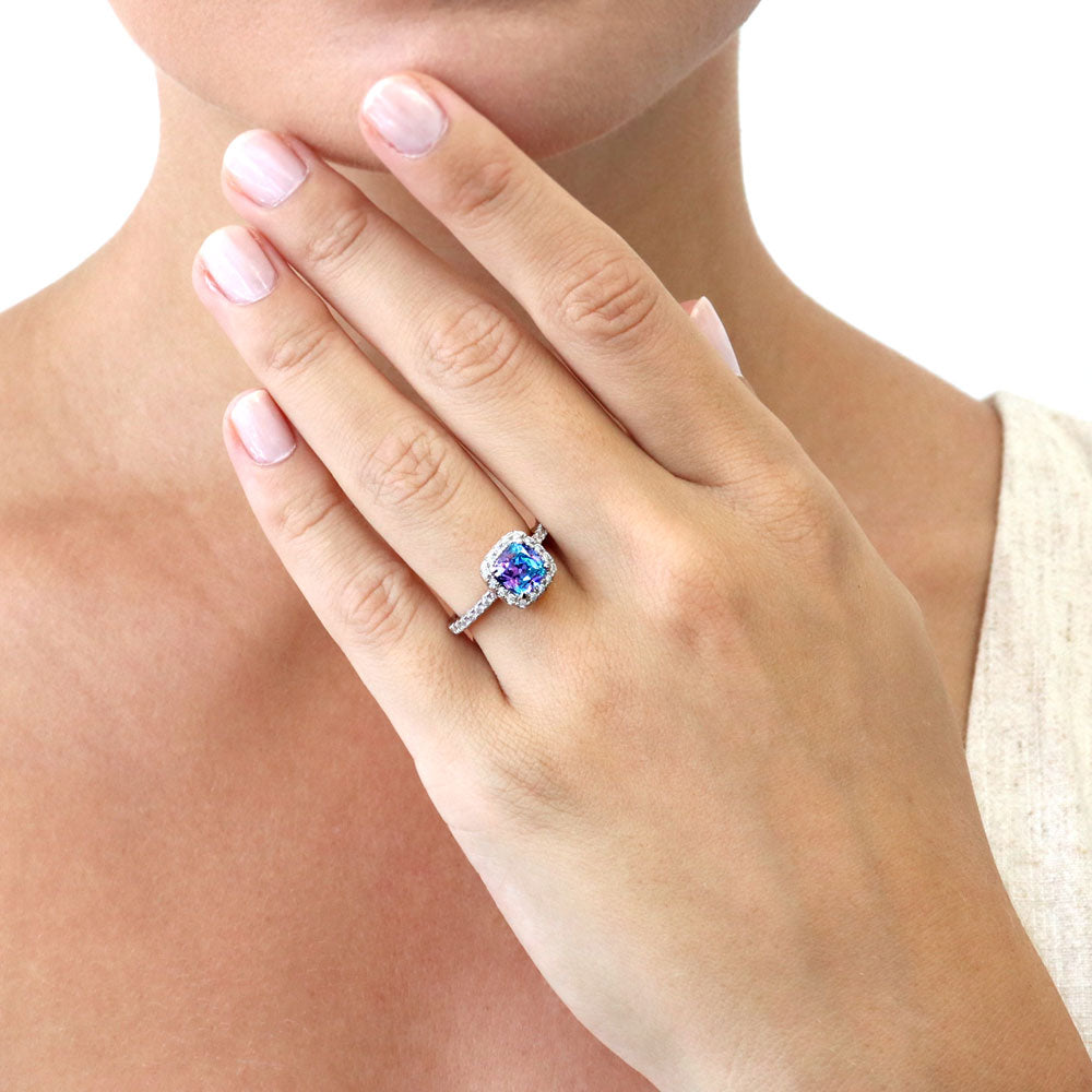 Halo Kaleidoscope Purple Aqua Cushion CZ Ring in Sterling Silver