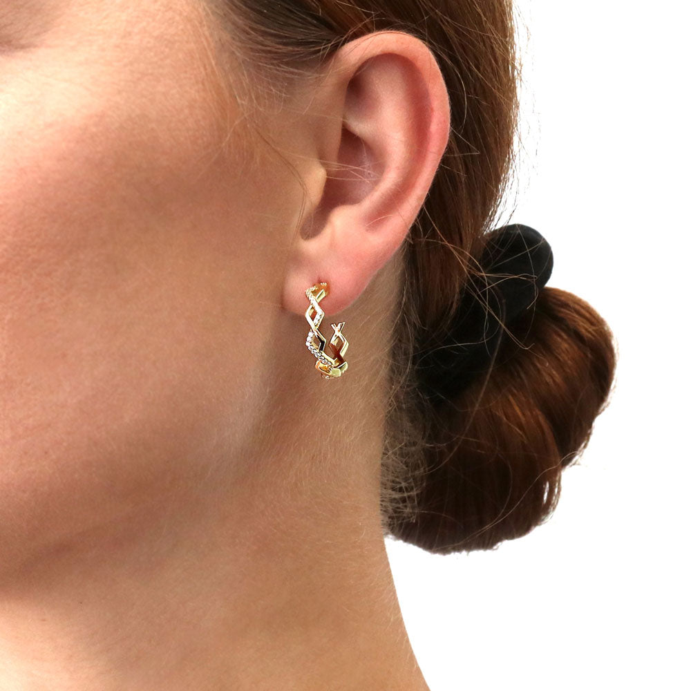 Model wearing Woven CZ Small Hoop Earrings in Sterling Silver 0.8 inch, Yellow Gold Flashed