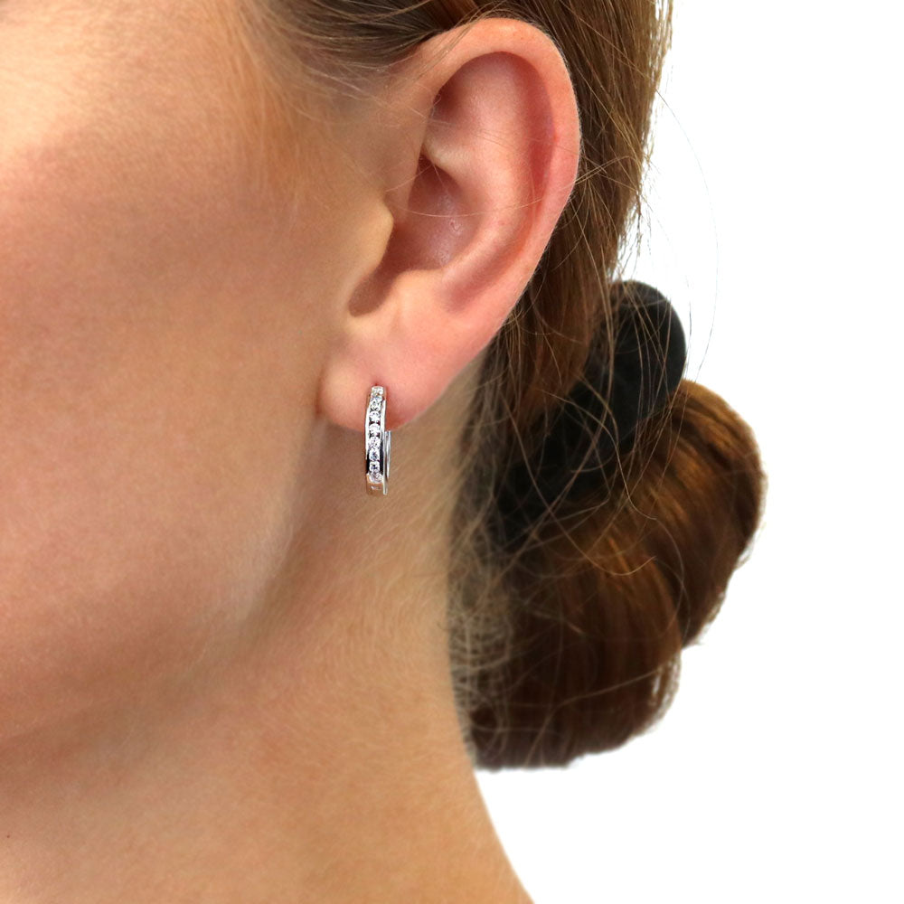 Bar CZ Medium Hoop Earrings in Sterling Silver 0.64"