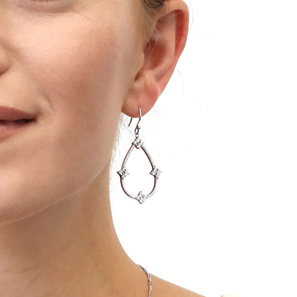 Flower Teardrop CZ Fish Hook Dangle Earrings in Sterling Silver