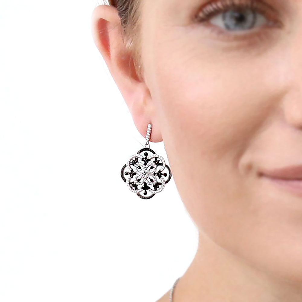 Flower Black and White CZ Earrings in Sterling Silver