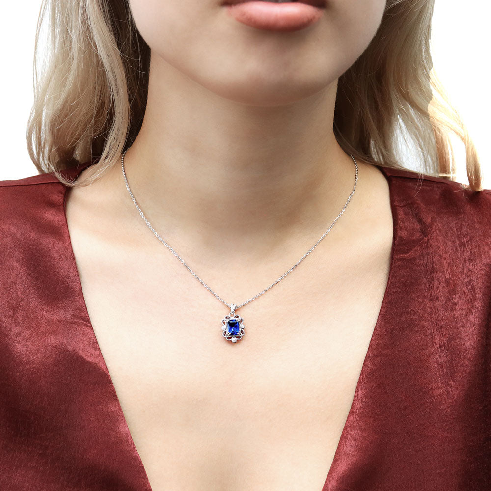 Milgrain Simulated Blue Sapphire CZ Pendant Necklace in Sterling Silver