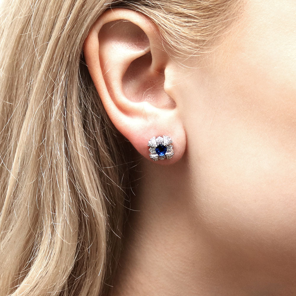 Model wearing Square Simulated Blue Sapphire CZ Set in Sterling Silver, 6 of 11