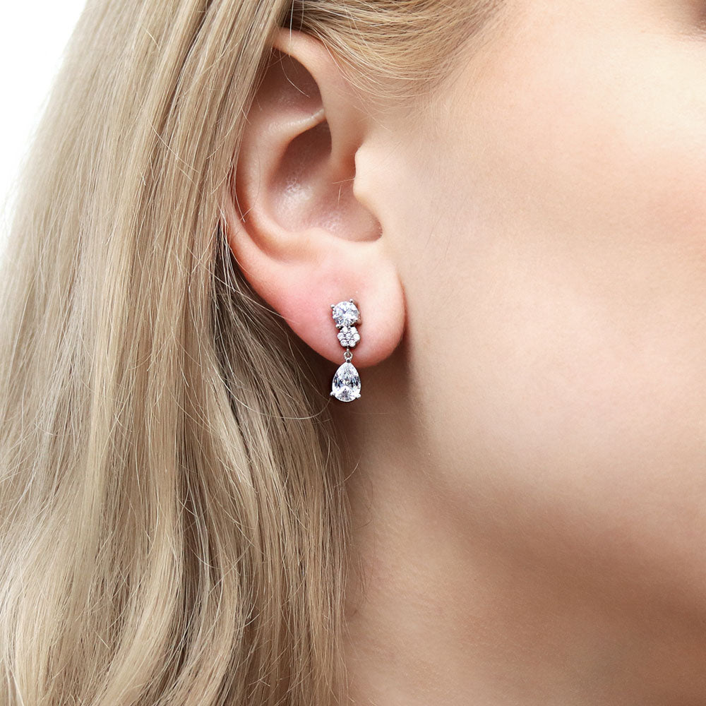 Flower CZ Dangle Earrings in Sterling Silver
