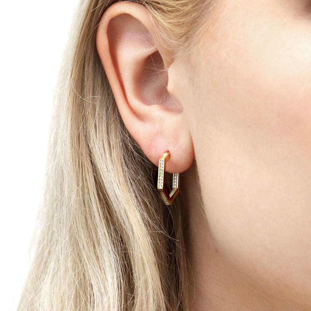 Hexagon CZ Medium Inside-Out Hoop Earrings in Sterling Silver 0.8"