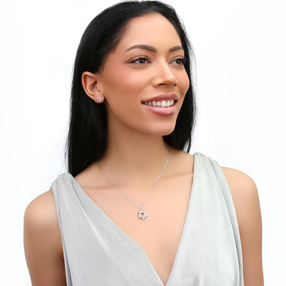 Model wearing Star of David Necklace and Earrings Set in Sterling Silver, 2 of 12