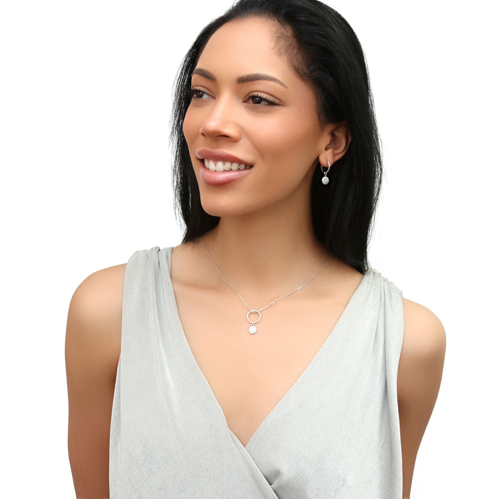 Open Circle Cable Coin CZ Necklace in Sterling Silver