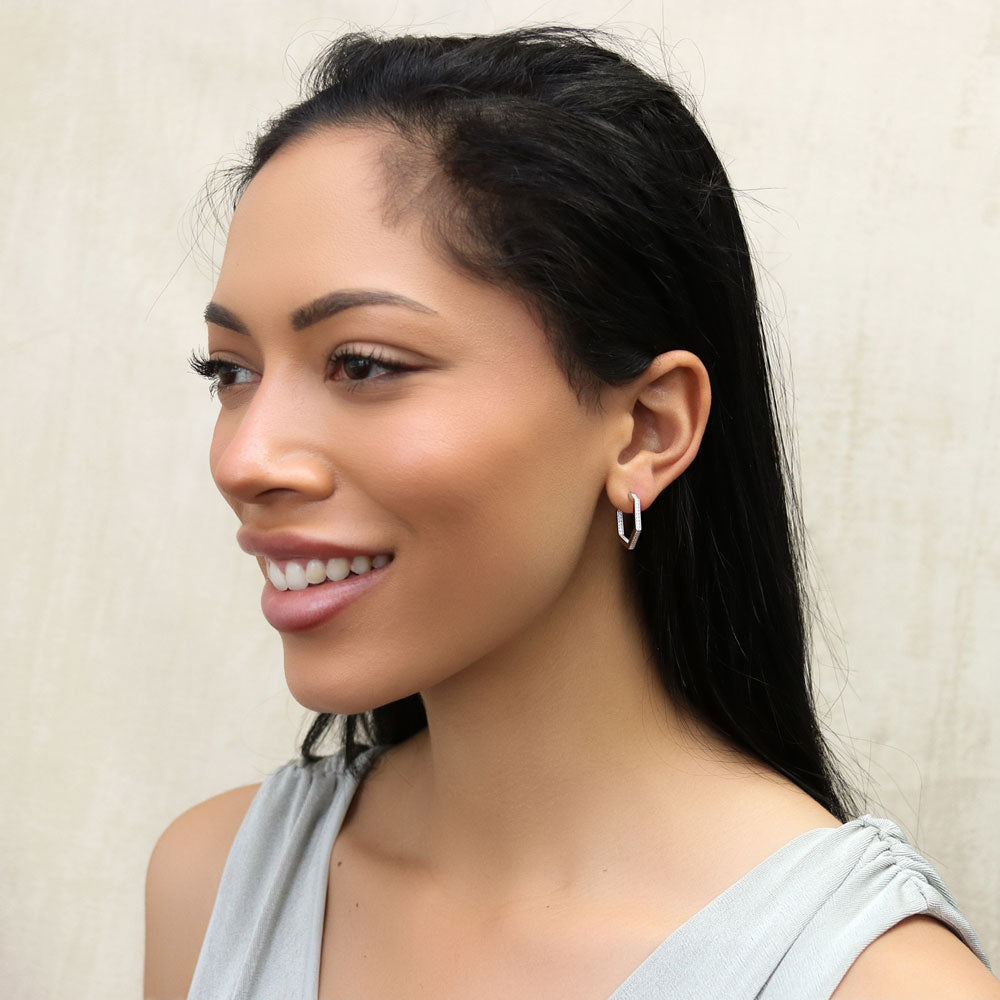 Hexagon CZ Medium Inside-Out Hoop Earrings in Sterling Silver 0.8"