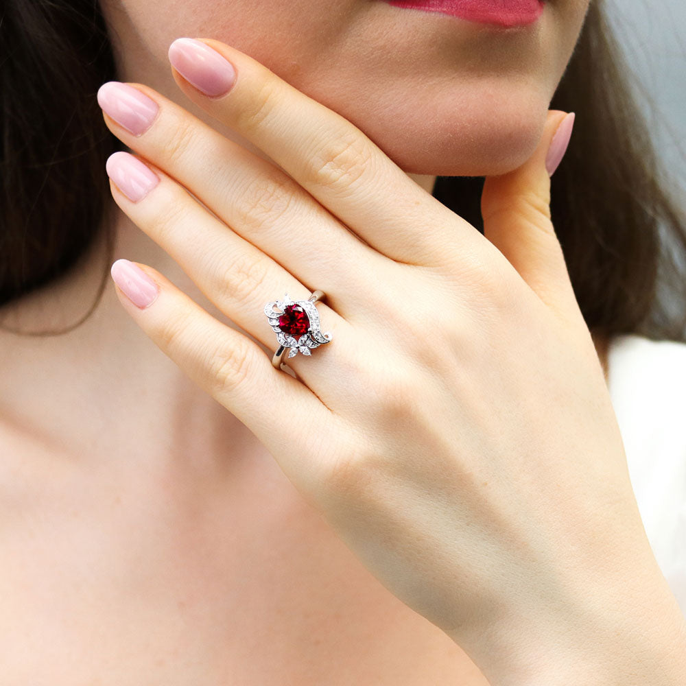 Heart Flower Ruby-Red CZ Ring in Sterling Silver