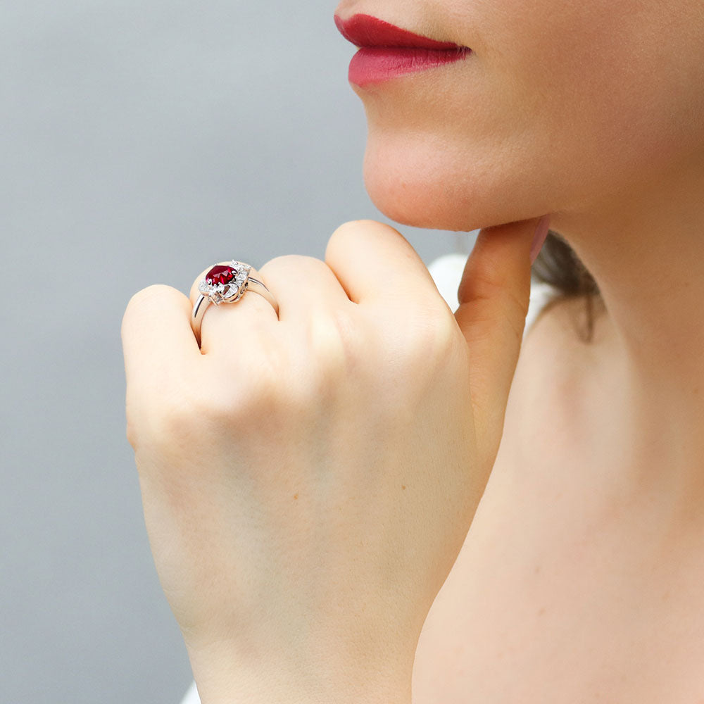 Heart Flower Simulated Ruby CZ Ring in Sterling Silver