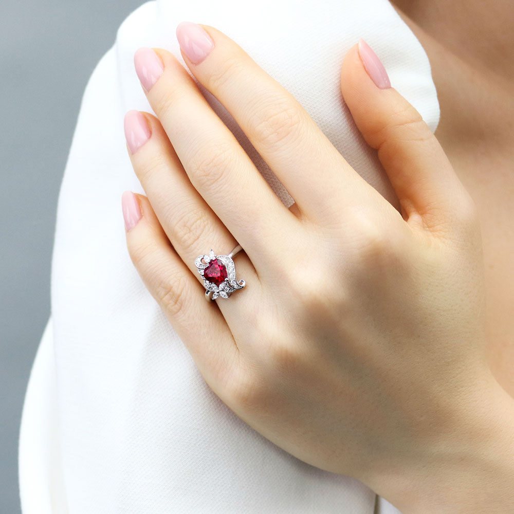 Heart Flower Simulated Ruby CZ Ring in Sterling Silver