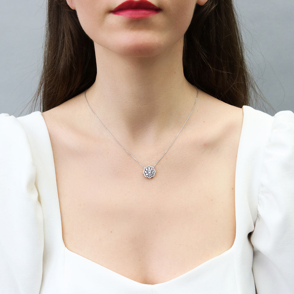 Flower Halo CZ Necklace in Sterling Silver