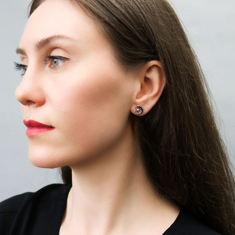 Model wearing Crescent Moon North Star Necklace and Earrings Set in Sterling Silver, 6 of 13
