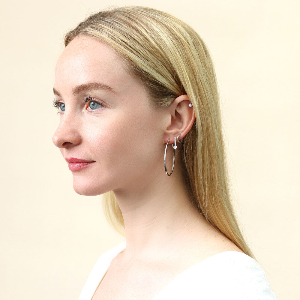 Model Wearing Bar Hoop Huggie Earrings Style E1374-01, Hoop Huggie Earrings Style E1122-01