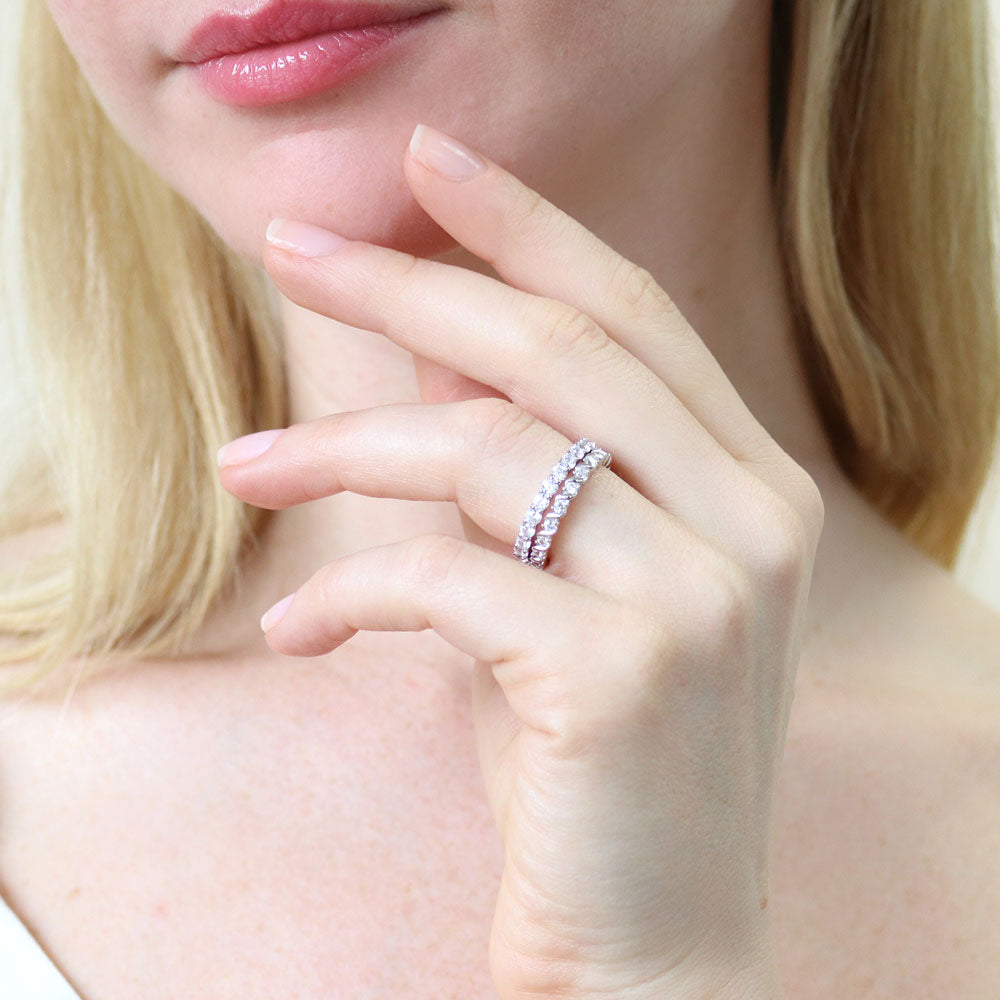 Model wearing Pave Set CZ Eternity Ring Set in Sterling Silver, 2 of 7