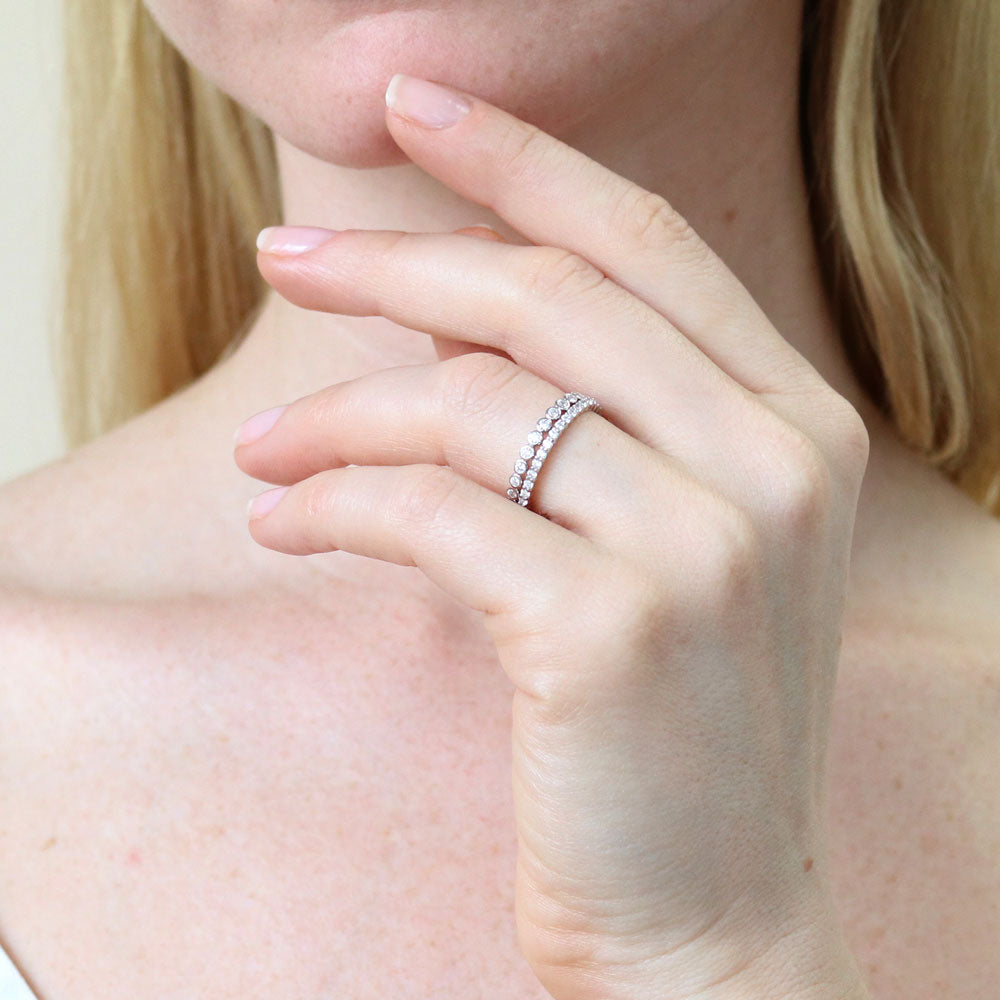 Model wearing Bubble Pave Set CZ Eternity Ring Set in Sterling Silver, 2 of 12