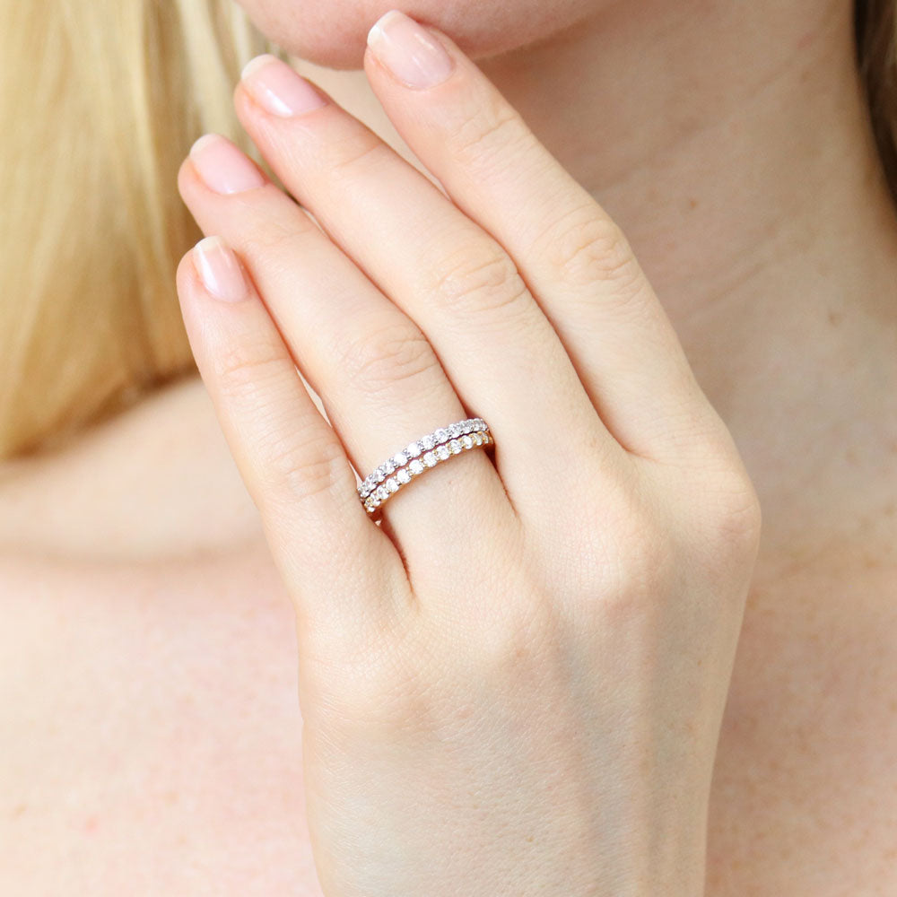 Model wearing Pave Set CZ Eternity Ring Set in Sterling Silver, 2 of 6