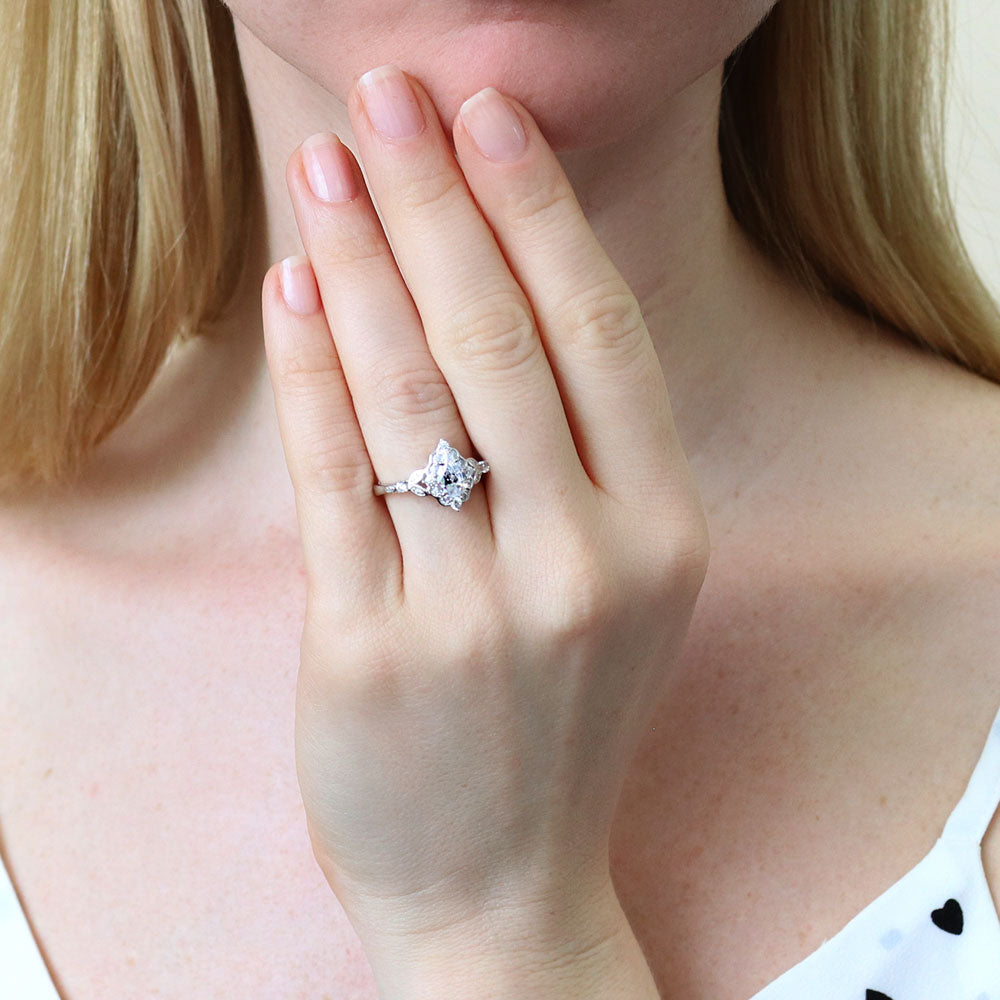 Halo Art Deco Pear CZ Ring in Sterling Silver