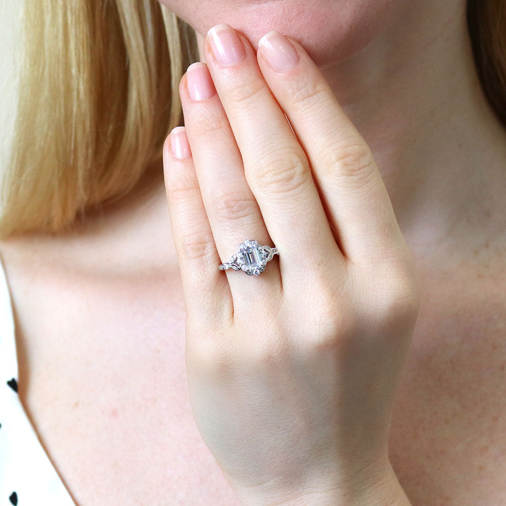 Halo Art Deco Chevron V Shaped CZ Ring Set in Sterling Silver