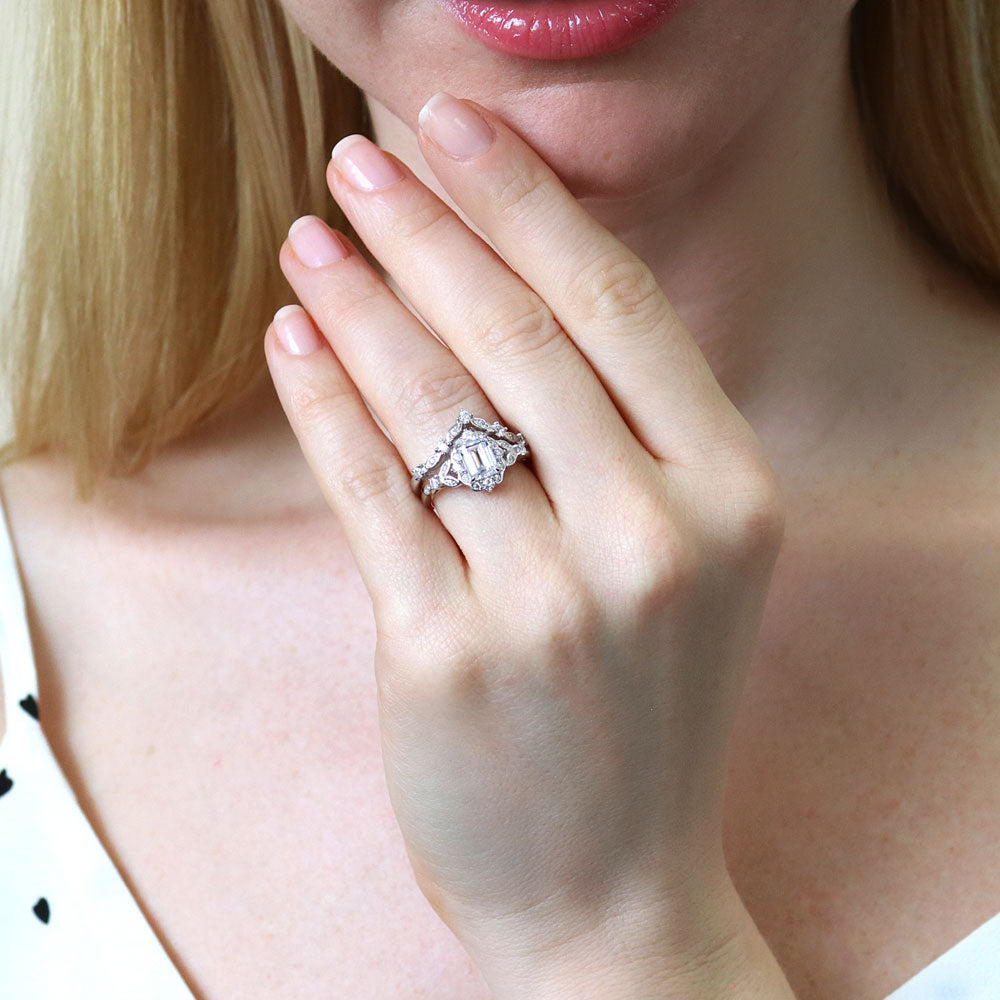 Halo Art Deco Chevron V Shaped CZ Ring Set in Sterling Silver