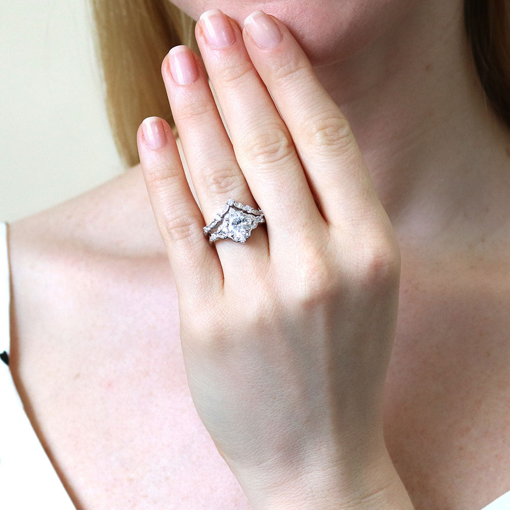 Halo Art Deco Chevron V Shaped CZ Ring Set in Sterling Silver