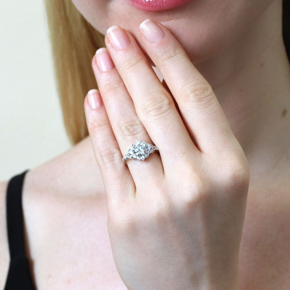 Model wearing Halo Art Deco Round CZ Ring in Sterling Silver, 2 of 9