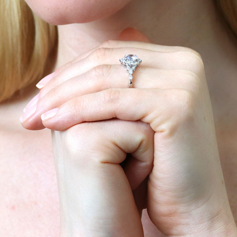 Model wearing Halo Art Deco Round CZ Ring in Sterling Silver, 6 of 9