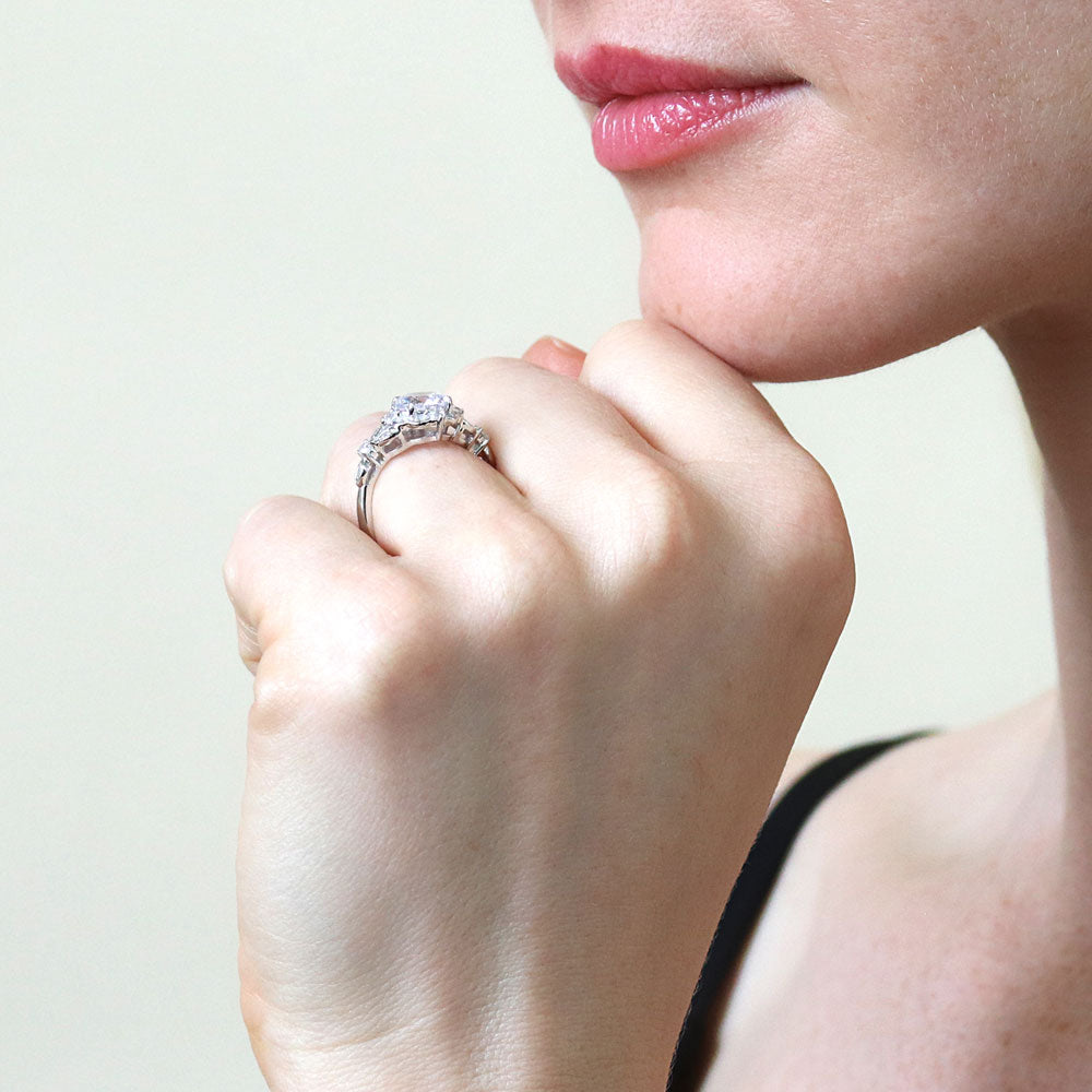 Model wearing Halo Art Deco Round CZ Ring in Sterling Silver, 3 of 9