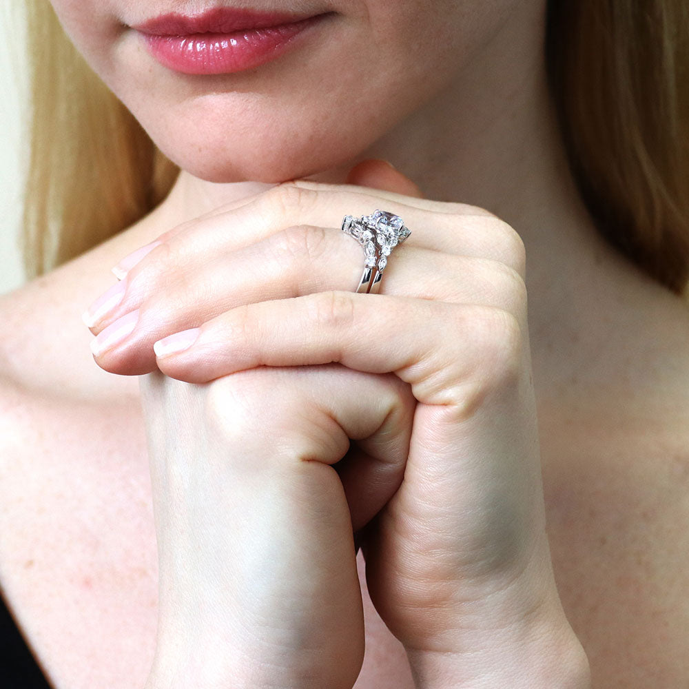 Halo Art Deco Chevron V Shaped CZ Ring Set in Sterling Silver