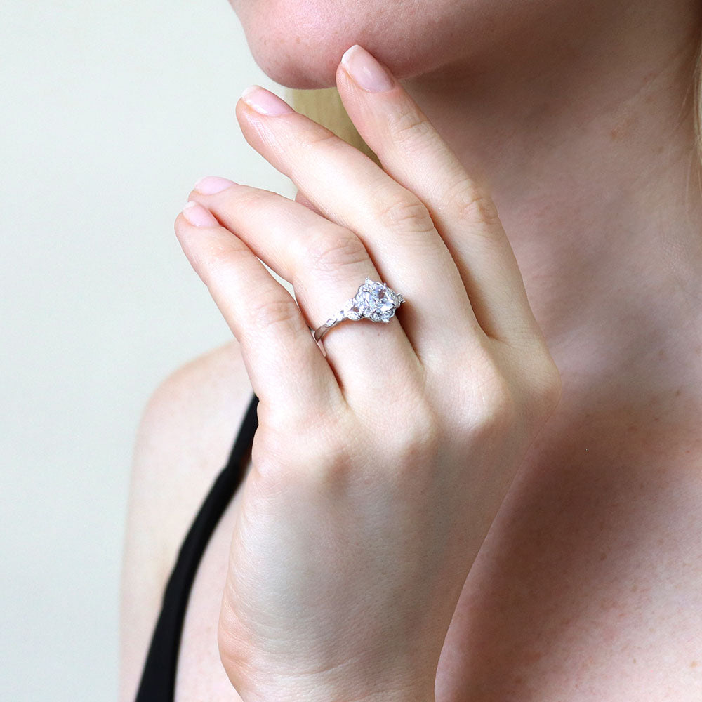 Halo Art Deco Chevron V Shaped CZ Ring Set in Sterling Silver
