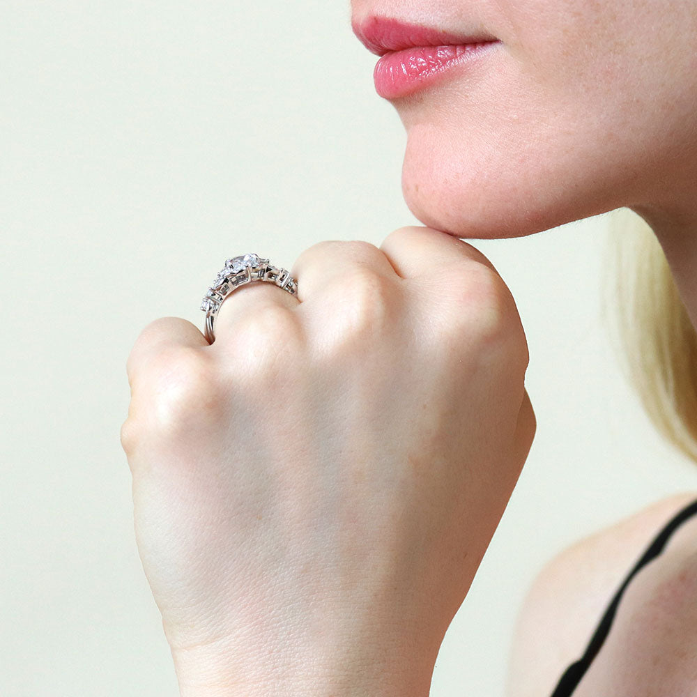 Halo Art Deco Chevron V Shaped CZ Ring Set in Sterling Silver