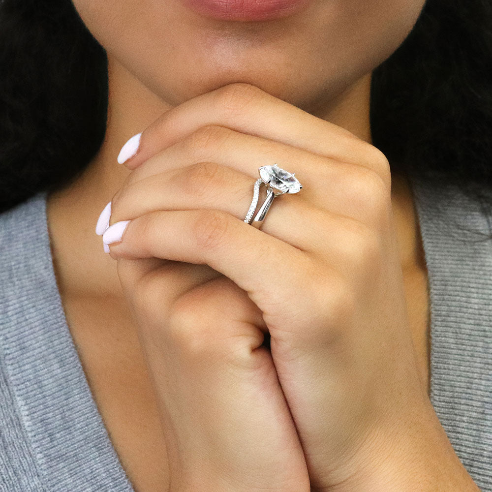 Solitaire Wishbone 3ct Oval CZ Ring Set in Sterling Silver