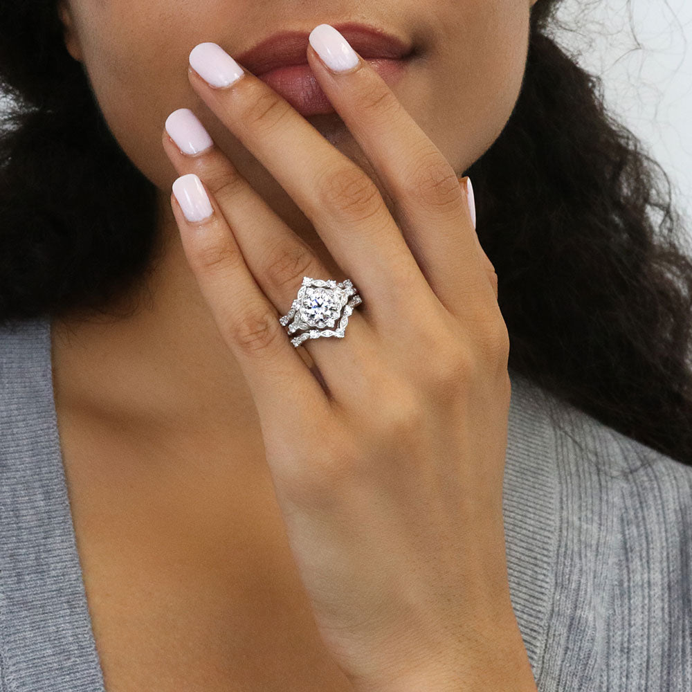 Halo Art Deco Chevron V Shaped CZ Ring Set in Sterling Silver