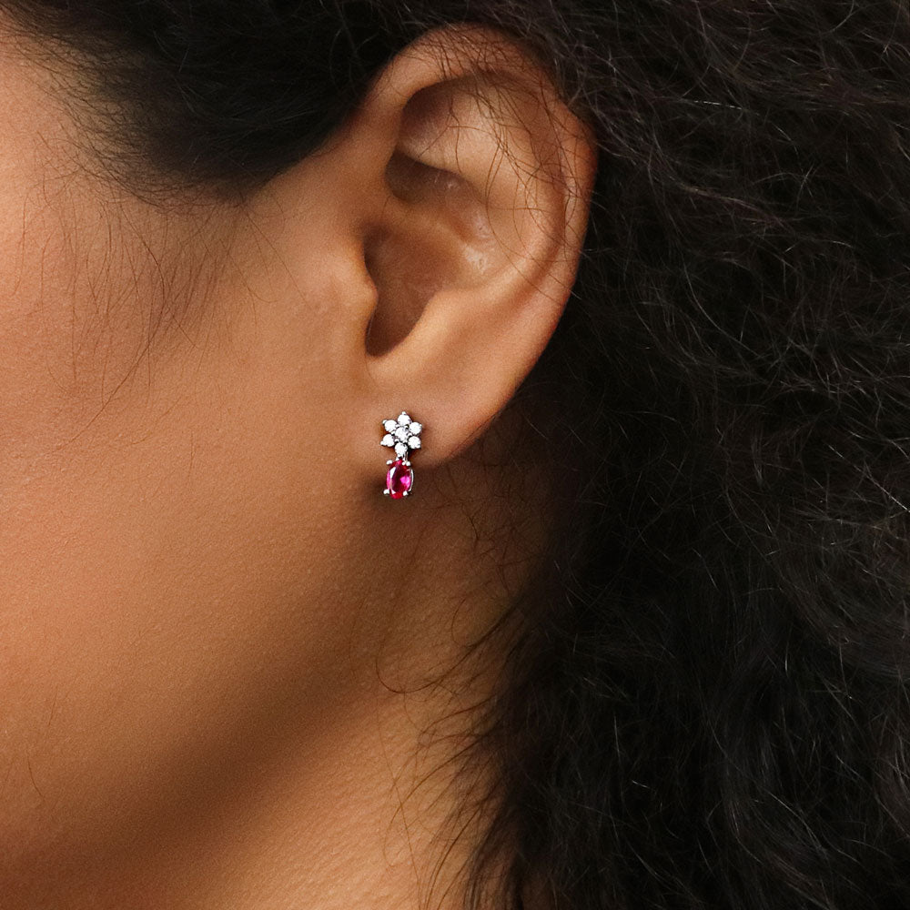 Model wearing Flower Simulated Ruby CZ Necklace and Earrings Set in Sterling Silver, 3 of 10