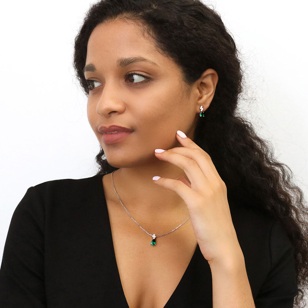 Model wearing Cluster Simulated Emerald CZ Set in Sterling Silver, 2 of 10
