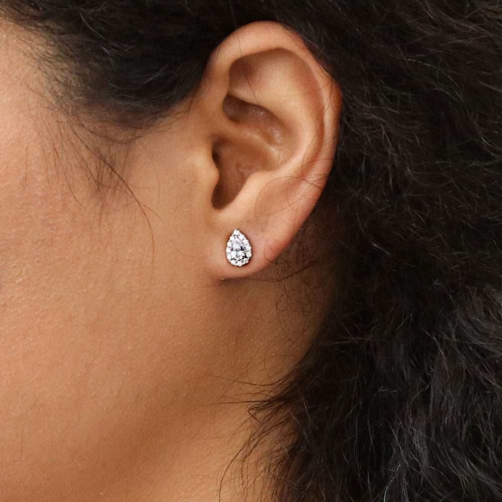 Halo Pear CZ Stud Earrings in Sterling Silver