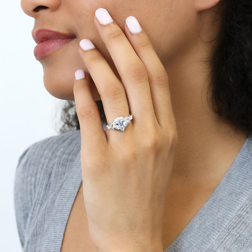 Halo Art Deco Chevron V Shaped CZ Ring Set in Sterling Silver