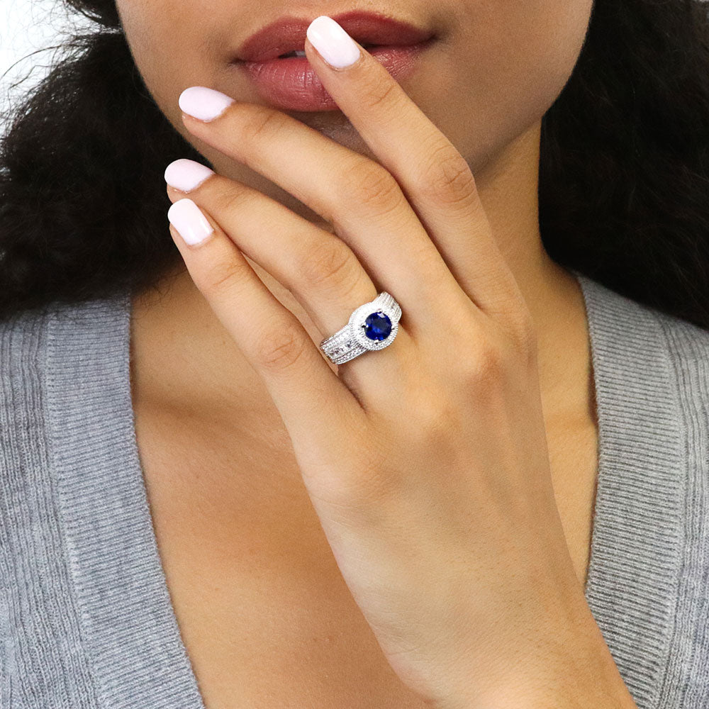 Halo Milgrain Simulated Blue Sapphire Round CZ Ring in Sterling Silver