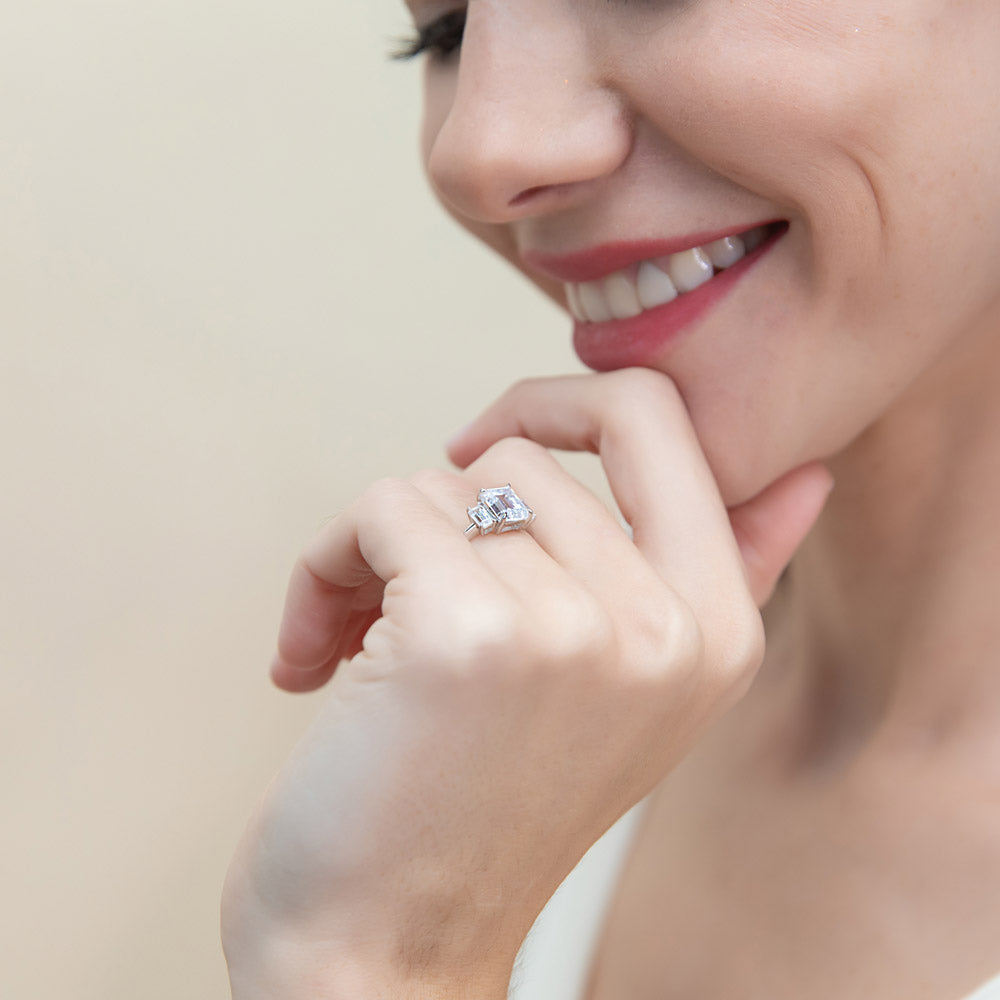 3-Stone 2.1ct Emerald Cut CZ Ring in Sterling Silver