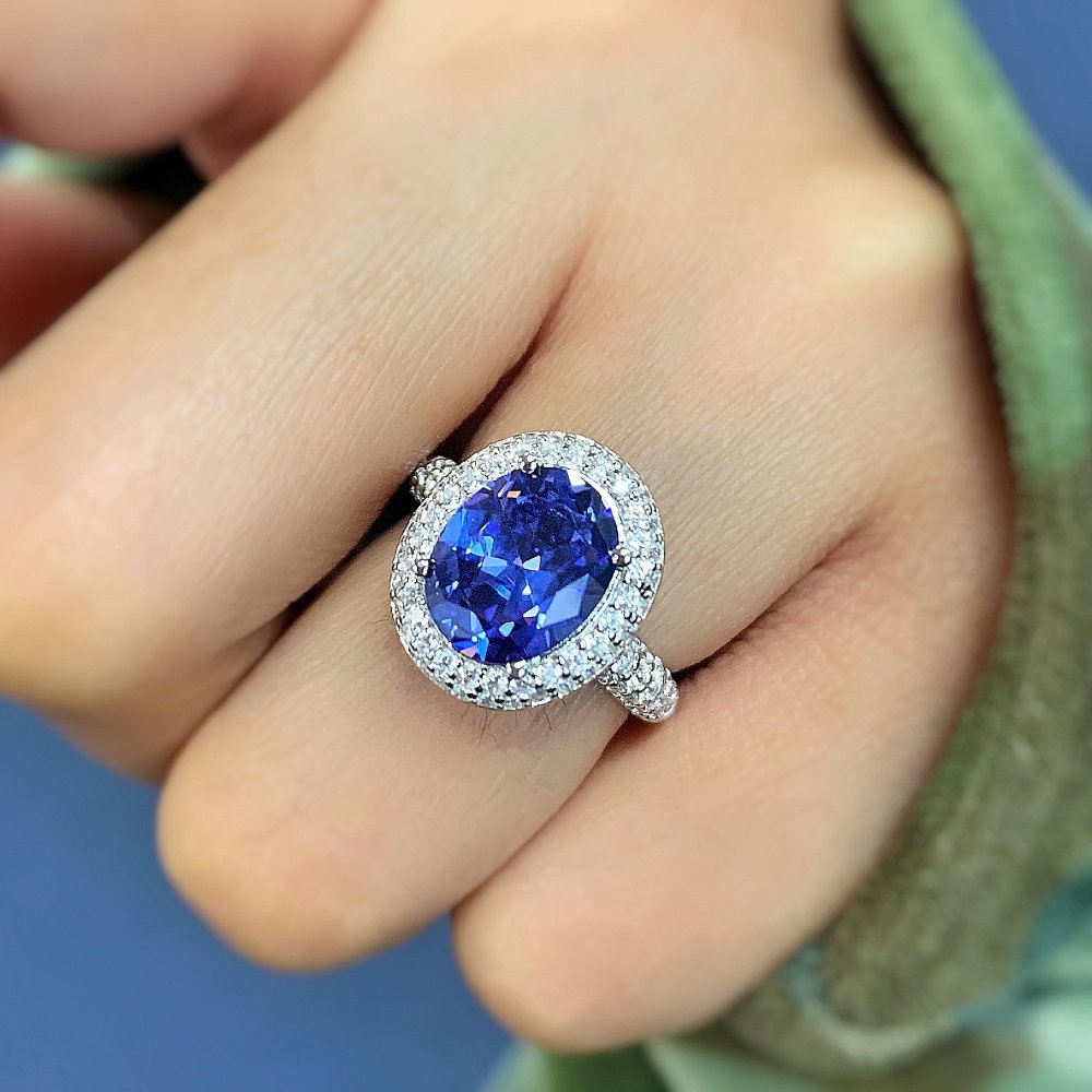 Halo Blue Oval CZ Ring in Sterling Silver
