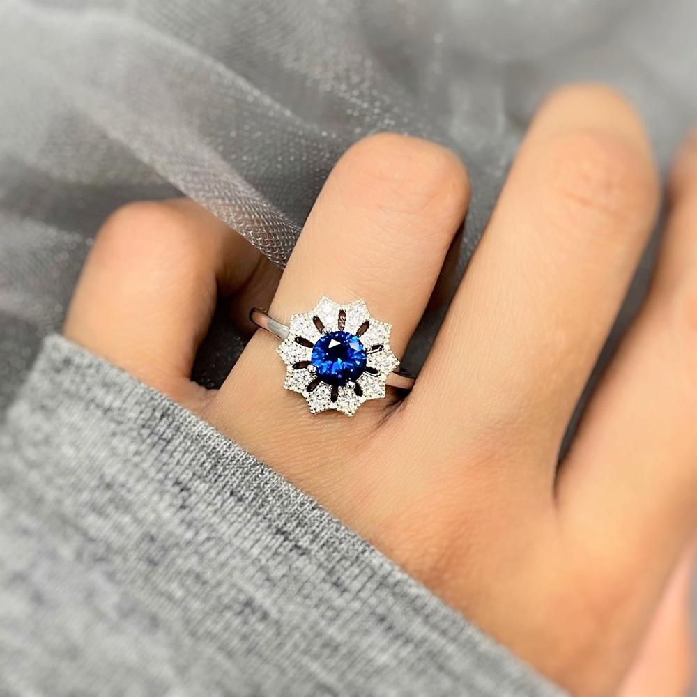 Flower Halo Blue CZ Ring in Sterling Silver