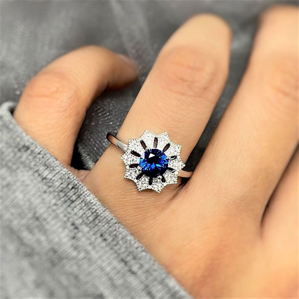 Flower Halo Blue CZ Ring in Sterling Silver