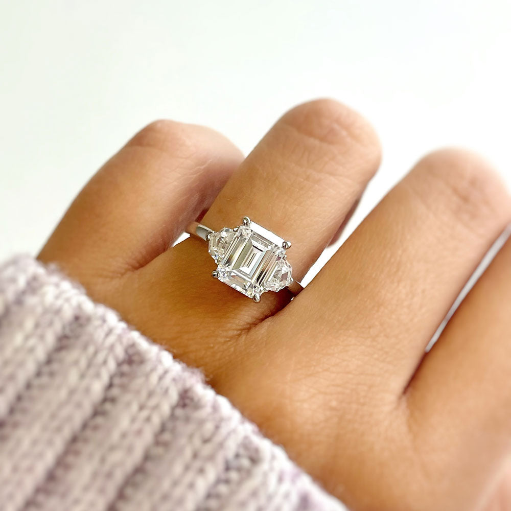 3-Stone Step Emerald Cut CZ Ring in Sterling Silver