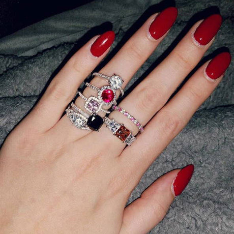 Model Wearing 3-Stone Ring, Eternity Ring, Halo Ring, Ring, Solitaire with Side Stones Ring